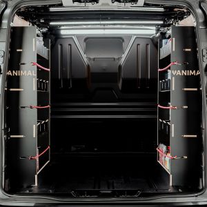 Rear van view of the VW Transporter T7 LWB Hexaboard XL NS and OS Rear Van Racking (Pair)