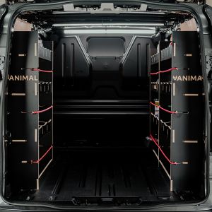 Rear van view of the Ford Transit Custom 2023- SWB Hexaboard Triple Van Racking System (Multi-Compartment)