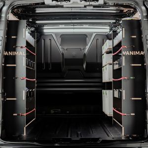 Rear van view of the Transit Custom 2023- SWB Hexaboard Triple Van Racking System with x4 Festool Shelves