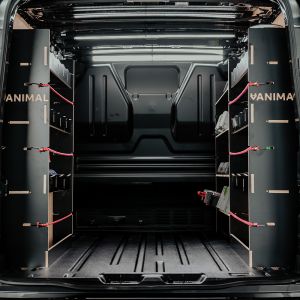 Rear van view of the Ford Transit Custom 2023- SWB Hexaboard Triple Van Racking System with x4 Toolbox Shelves