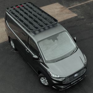 Close-up view of the Ford Transit Custom 2023- SWB Black Roof Rack without side rails