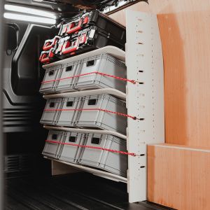 Rear van view of the Transit Custom 2012-2023 Adjustable Front Toolbox Shelving Rack