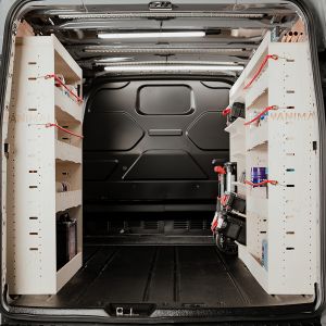 Rear van view of the Ford Transit Custom LWB 2024 Adjustable Double Rear Van Racking plus Toolbox Shelving