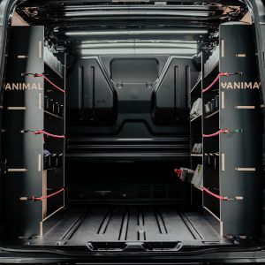 Rear van view of the Peugeot Expert 2016- SWB Hexaboard Triple Racking System with x4 Toolbox Shelves