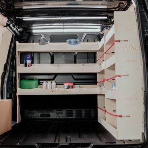 Rear van view of the Peugeot Expert 2016- LWB OS Rear Racking and Bulkhead/Front RH L-Rack