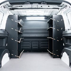 Rear van view of the Combo XL Double Front NS Side Load & OS Toolbox Hexaboard Van Racking