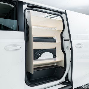 NS side angle van view of the ID Buzz Cargo NS Front x4 Side Load Toolbox Shelves Van Racking