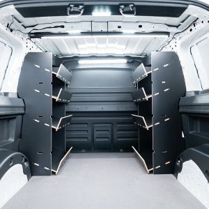 Rear van view of the Combo XL Double Front Side Load Toolbox Hexaboard Van Racking