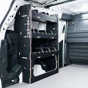 Rear van side angle view of the VW ID Buzz Cargo NS Rear Adjustable Compartment Hexaboard Van Racking