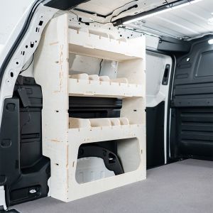 Rear van side angle view of the VW ID Buzz Cargo NS Rear Adjustable-Compartment Van Racking - displayed with dividers