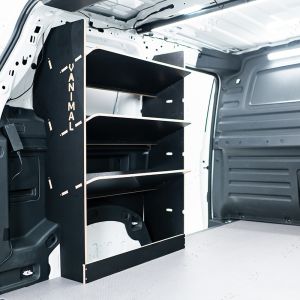 Rear van side angle view of the VW ID Buzz Cargo NS Rear x3 Angled-In Toolbox Shelves Hexaboard Van Racking