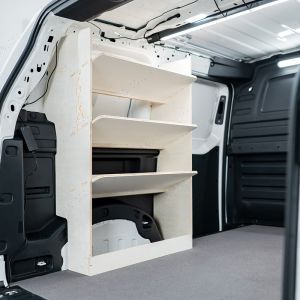 Rear van side angle view of the VW ID Buzz Cargo NS Rear x3 Angled-In Toolbox Shelves Van Racking