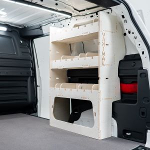 Rear van side angle view of the VW ID Buzz Cargo OS Rear Adjustable-Compartment Van Racking - displayed with dividers