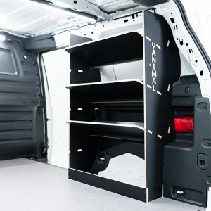 Rear van side angle view of the VW ID Buzz Cargo OS Rear x3 Angled-In Toolbox Shelves Hexaboard Van Racking