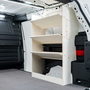 Rear side angle van view of the VW ID Buzz Cargo OS Rear x3 Angled-In Toolbox Shelves Van Racking