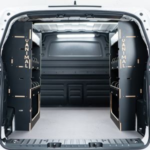 Rear van view of the VW ID Buzz Cargo Double Rear Adjustable Compartment Hexaboard Van Racking