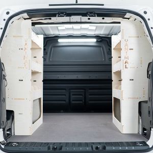 Rear van view of the VW ID Buzz Cargo Double Rear Van Racking with Adjustable Compartments