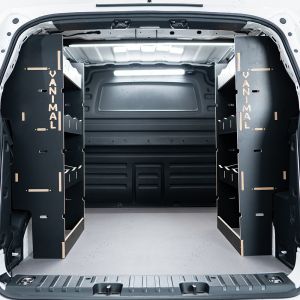 Rear van view of the Combo XL Double Rear Multi-Compartment Hexaboard Van Racking