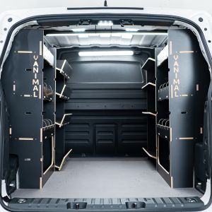 Rear van view of the VW ID Buzz Cargo Hexaboard Full Van Racking: Adjustable V3 NS Side Load & OS - displayed with dividers