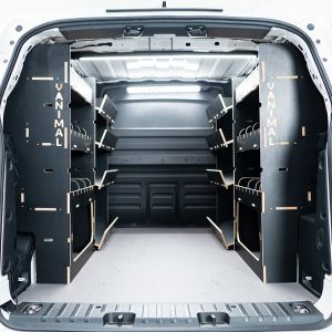 Rear van view of the VW ID Buzz Cargo Hexaboard Full Van Racking: Adjustable V4 Side Load - displayed with dividers