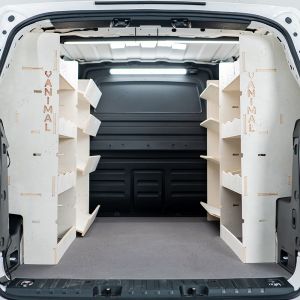 Rear van view of the Combo XL Full Van Racking: Compartments with NS Side Load & OS Shelves