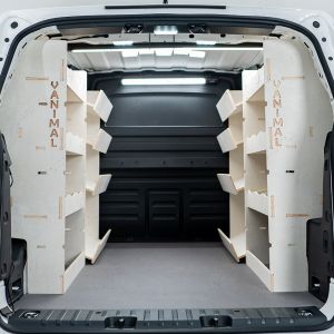 Rear van view of the Combo XL Full Van Racking: Rear Compartment & Side Load Toolbox Shelves