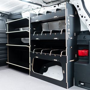 Rear van side angle view of the VW ID Buzz Cargo OS Hexaboard Van Racking: Adjustable & x4 Toolbox Shelves - displayed with dividers