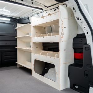 Rear van view of the VW ID Buzz Cargo OS Van Racking: Rear Adjustable & Front Toolbox Shelves