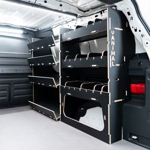 Rear van view of the VW ID Buzz OS Hexaboard Van Racking: Adjustable & Side Load Toolbox Shelves - displayed with dividers