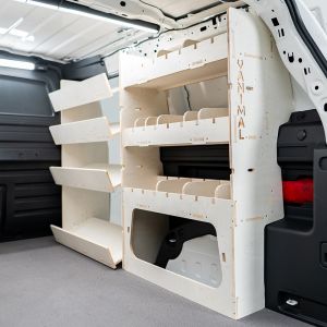 Rear van side angle view of the VW ID Buzz Cargo OS Van Racking: Adjustable & Front Side Load Toolbox Shelves
