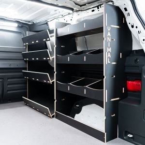 Rear van side angle view of the Combo XL OS Hexaboard Van Racking: Compartment + Side Load Toolbox Shelves