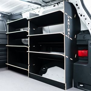 Rear van side angle view of the VW ID Buzz Cargo OS Hexaboard Van Racking: Front and Rear Toolbox Shelves