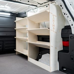 Rear van side angle view of the VW ID Buzz Cargo OS Van Racking: Rear Toolbox & Front Toolbox Shelves