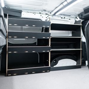 NS side view of the VW ID Buzz OS Hexaboard Van Racking: Side Load Front & Rear Toolbox Shelves