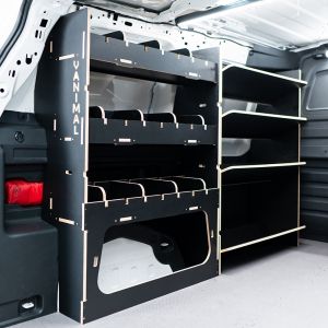 Rear van side angle view of the VW ID Buzz Cargo NS Hexaboard Van Racking: Adjustable & x4 Toolbox Shelves - displayed with dividers