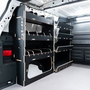 Rear van side angle view of the VW ID Buzz Cargo NS Hexaboard Van Racking: Adjustable & Side Load Shelving - displayed with dividers