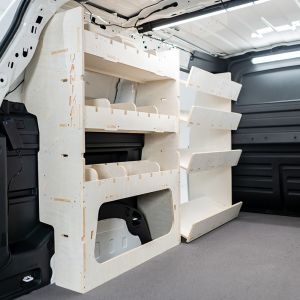 Rear van view of the VW ID Buzz Cargo NS Van Racking: Adjustable & Front Side Load Toolbox Shelves