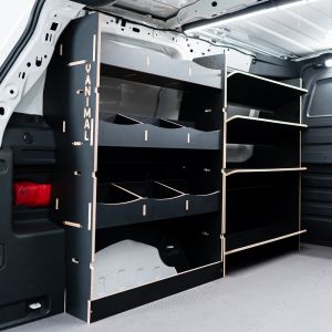 Rear van side angle view of the Combo XL NS Hexaboard Van Racking: Compartment & x4 Toolbox Shelves