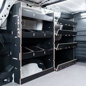 Rear van side angle view of the Combo XL NS Hexaboard Van Racking: Compartment & Side Load Shelving