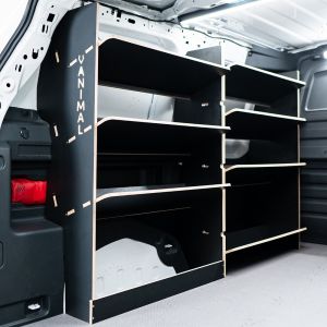 Rear van side angle view of the VW ID Buzz Cargo NS Hexaboard Van Racking: Front and Rear Toolbox Shelves