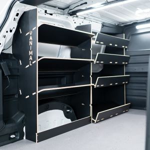 Rear van side angle view of the VW ID Buzz Cargo NS Hexaboard Van Racking: Side Load and Rear Toolbox Shelves