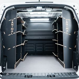 Rear van view of the VW ID Buzz Hexaboard Full Van Racking: Angled Shelving V3 NS Side Load & OS