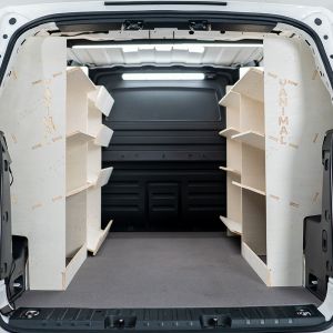 Rear van view of the VW ID Buzz Cargo Full Van Racking: Toolbox Shelving, NS Side Load & OS Shelves
