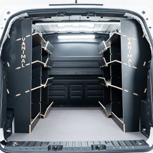 Rear van view of the VW ID Buzz Cargo Hexaboard Full Van Racking: Angled Shelving V4 Front Side Load