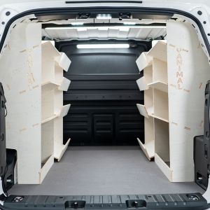 Rear van view of the VW ID Buzz Cargo Full Van Racking: Rear Shelving & Front Side Load Shelves