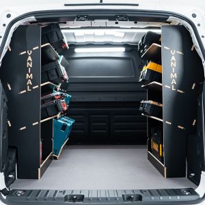 Rear van view of the VW ID Buzz Cargo Hexaboard Van Racking: Triple Toolbox Shelving - displayed with Milwaukee, Makita and DeWalt boxes