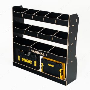 Side angle top view of the Renault Kangoo II 2008-2021 Full-Width Bulkhead Hexaboard Van Racking - displaying toolboxes