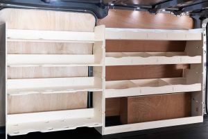 Side van view of the Ford Transit Custom 2012-2023 L2 Full Driver Side Racking and Shelving