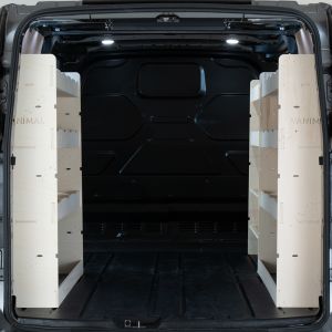 Rear van view of the Ford Transit Custom 2012-2023 L2 Triple Ply Racking and Shelving Pack