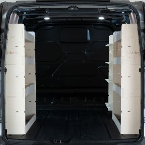 Rear van view of the Ford Transit Custom 2012-2023 L2 Triple Ply Racking and Shelving Pack